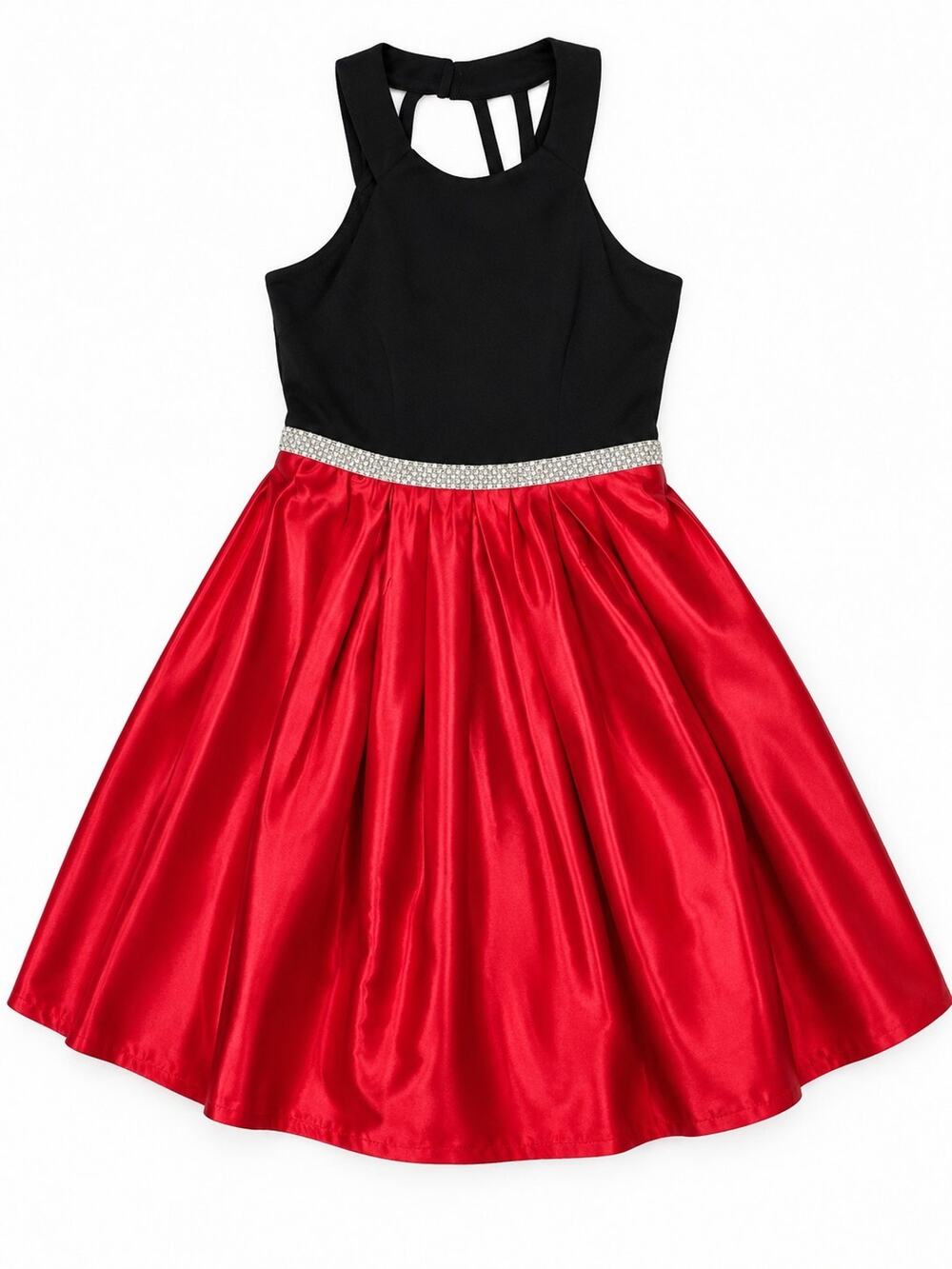 Girls Red Black Satin Party Dress Rhinestone Belt High Neck Sleeveless Formal